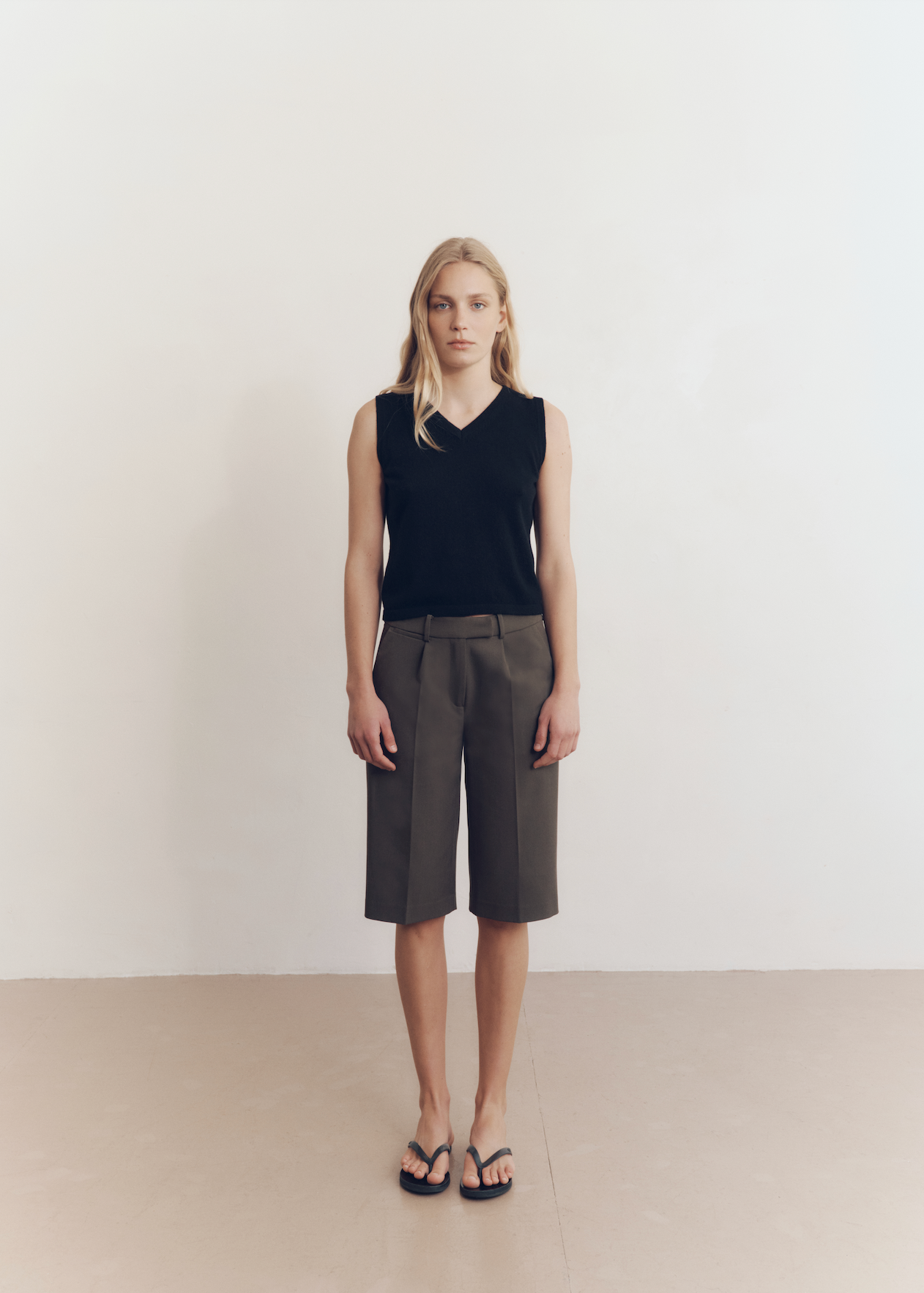 Model wearing Renee Shorts in Taupe — low rise light weight women's shorts, All My Love