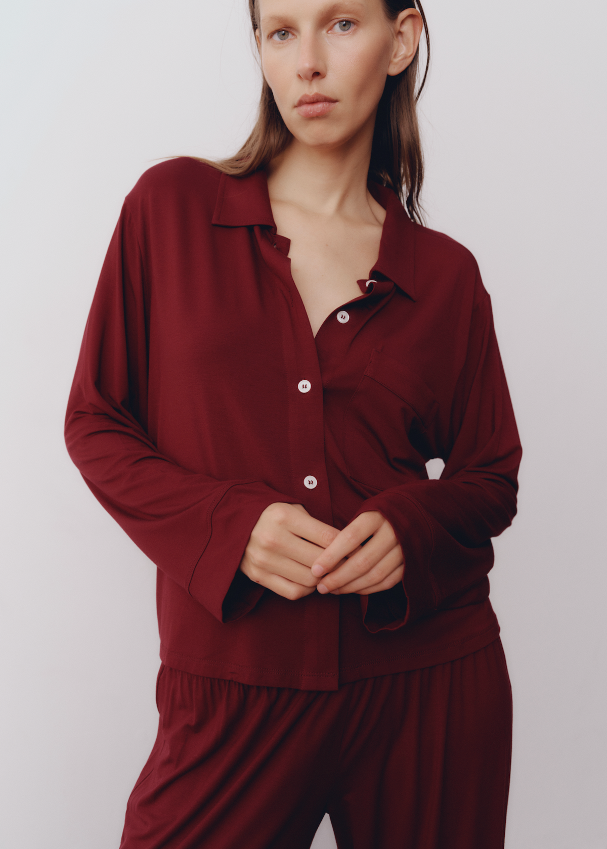 Model wearing Sloan PJ Set in Cranberry — cashmere pajama set, All My Love