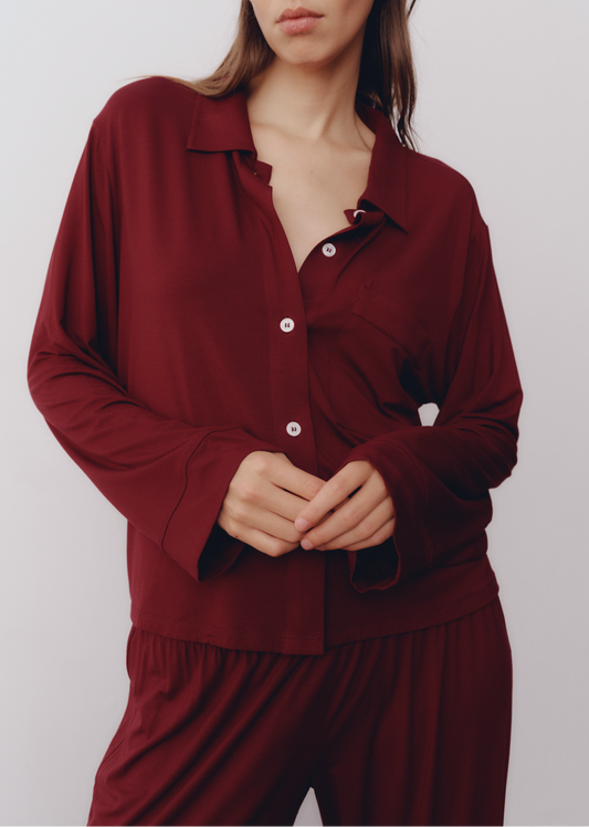 Model wearing Sloan PJ Set in Cranberry — cashmere pajama set, All My Love