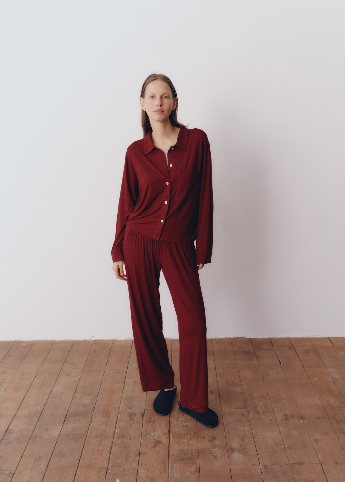 Model wearing Sloan PJ Set in Cranberry — cashmere pajama set, All My Love