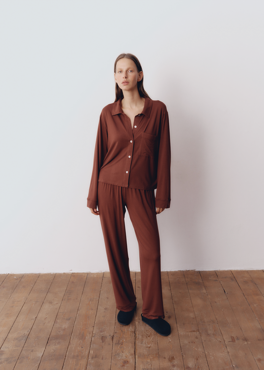 Model wearing Sloan PJ Set in Toast — cashmere pajama set, All My Love