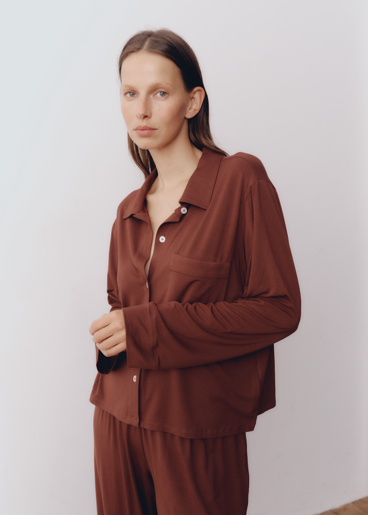 Model wearing Sloan PJ Set in Toast — cashmere pajama set, All My Love