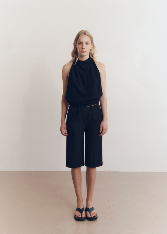 Model wearing Tara Shawl Top in Onyx — cashmere shawl top, All My Love